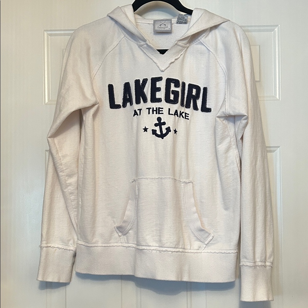 Lakegirl Cotton Hoodie MED White Navy Casual Lake Leisure Lounge Gym